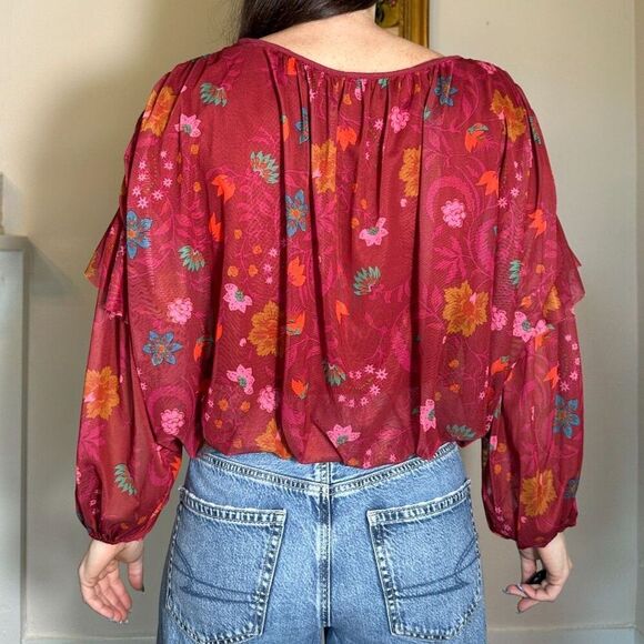 Free People Red Boho Longsleeve Blouse Size Small - Picture 2 of 4